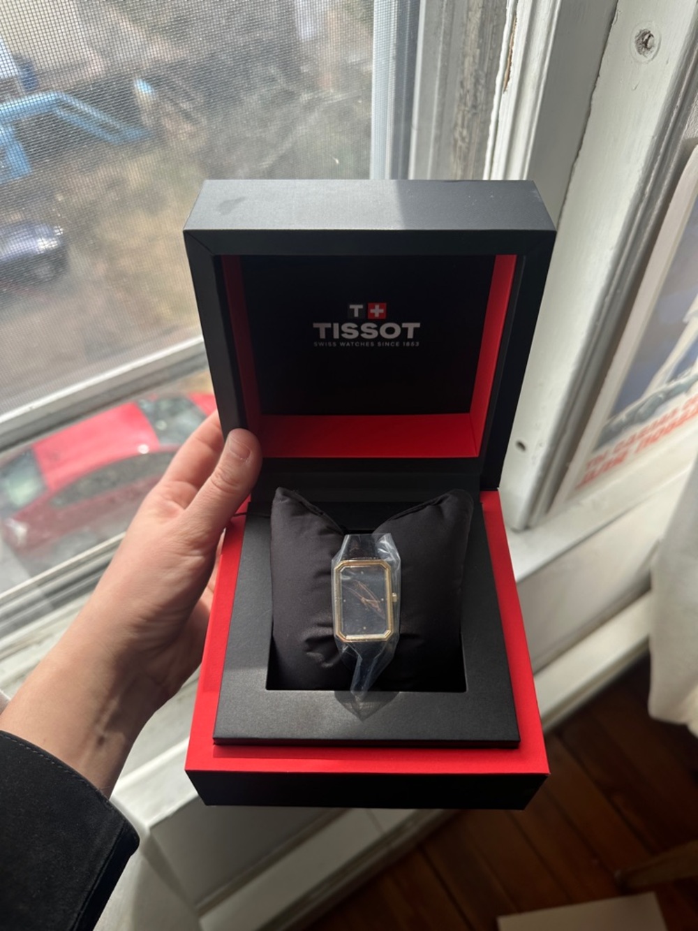 Tissot SRV 30 mm Swiss Gold-Tone Rectangular Watch with Black Dial and Strap